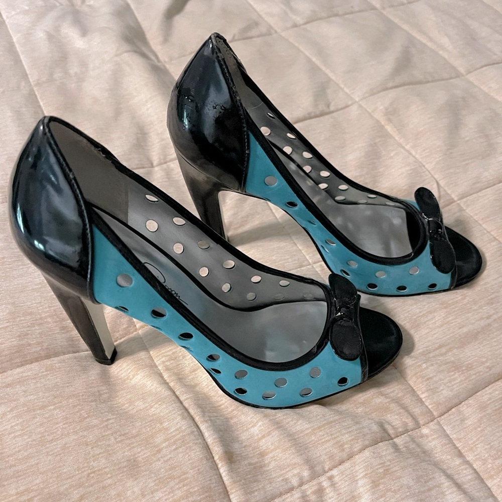 Teal Polka Dot Jessica Simpson Heels, Size 8